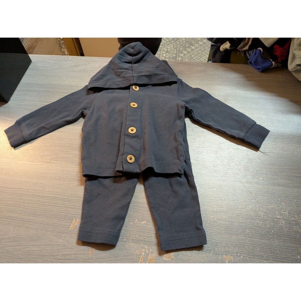 Ten Little Kids Navy Blue Button Up Hooded Jacket and Pants 2 Piece Set
